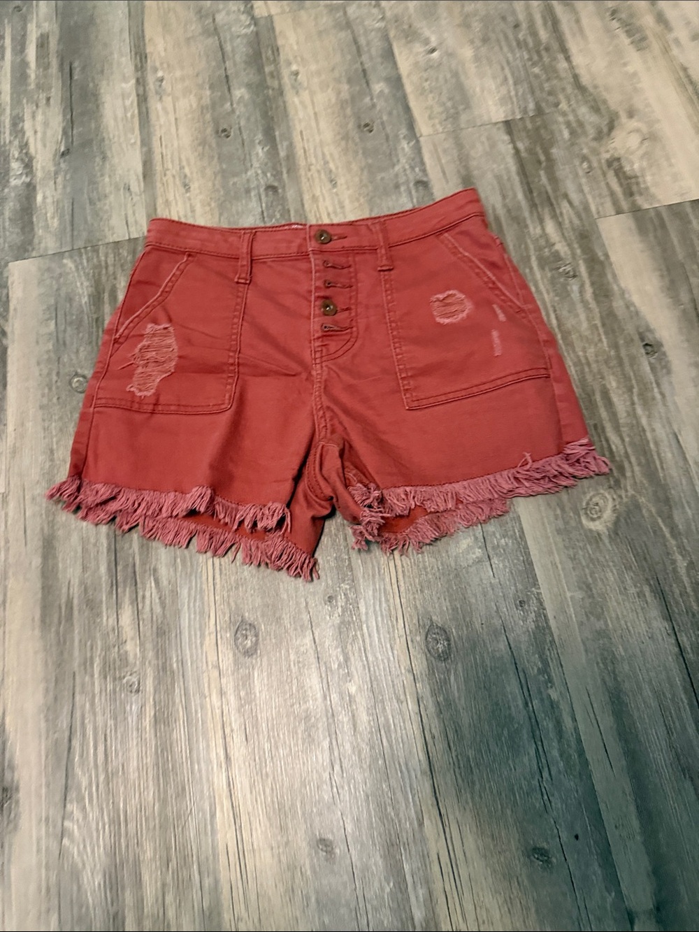 NOBO Rust Distressed Fringe Hem Jean Shorts
